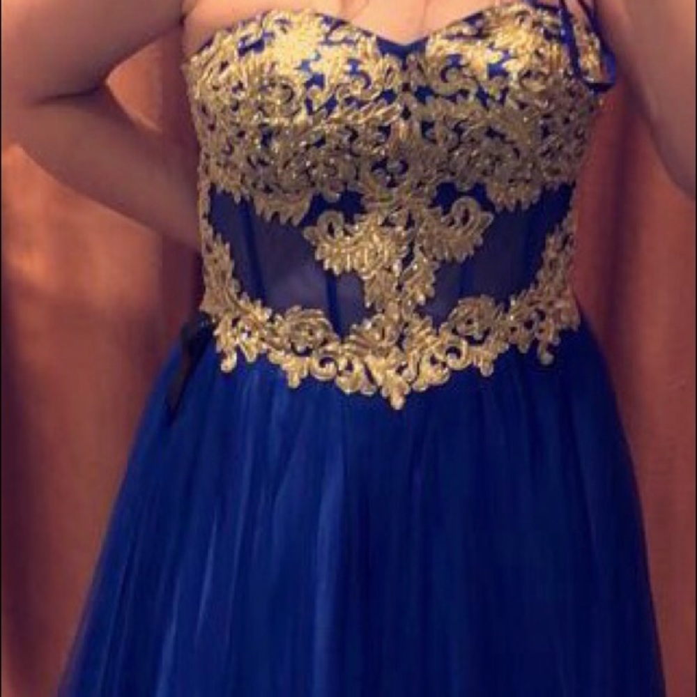 blue and gold corset ball gown prom dress